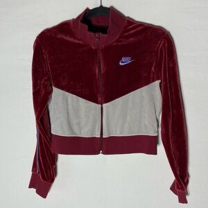 Vintage Y2K Nike Heritage Burgundy Velour Colour Block Cropped Track Jacket S